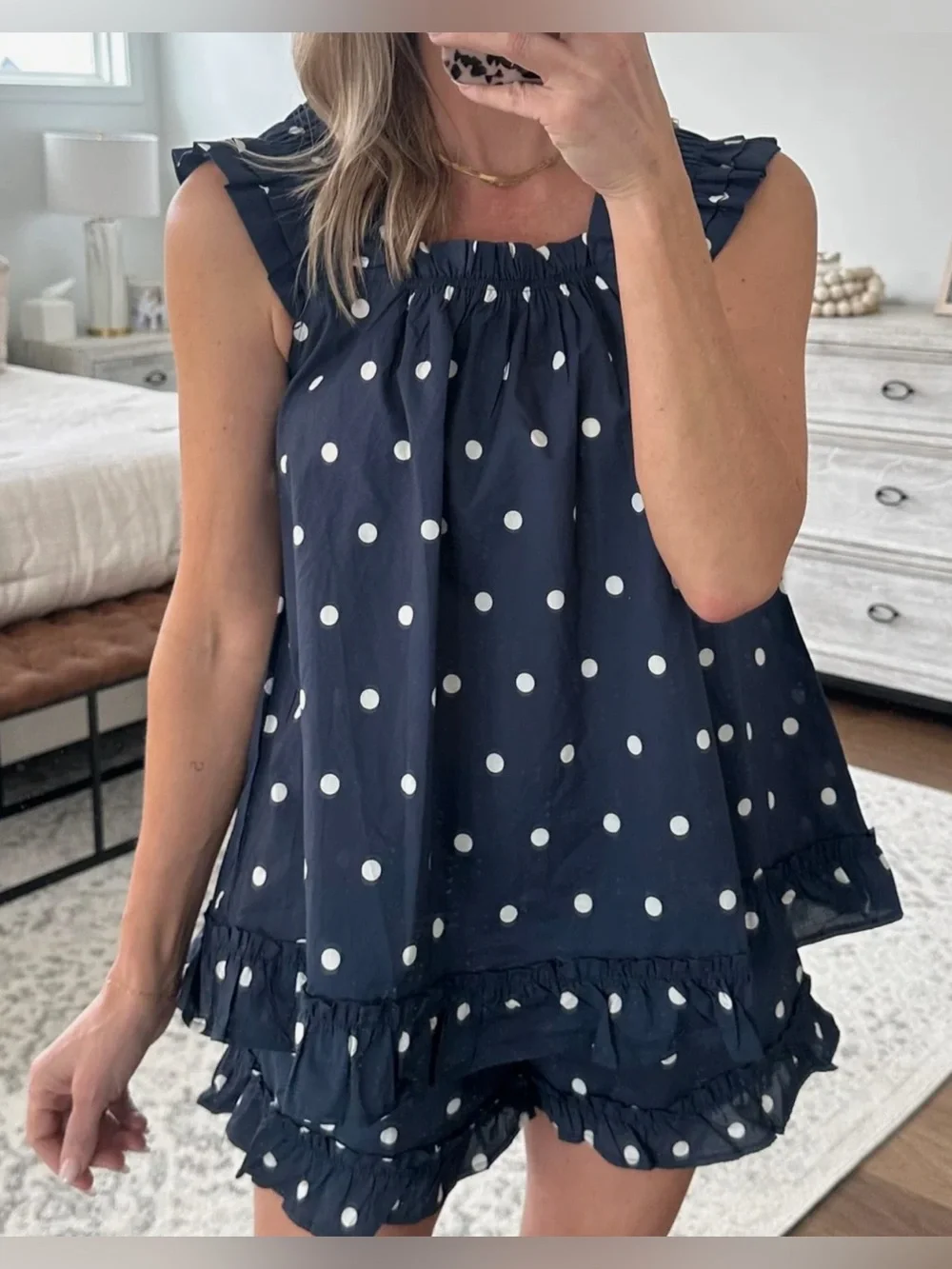 Peach Love California Navy Polka Dot Ruffle Two-Piece Set